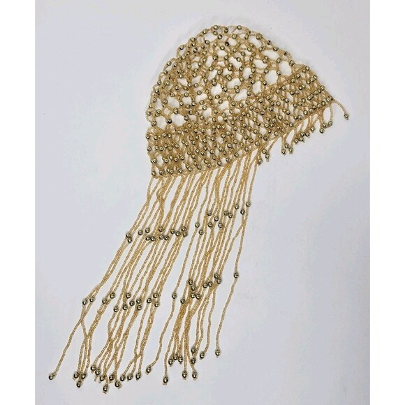Gold Tone Hat Beaded Flapper Rare VTG Art Deco Fringed Skull Cap Cloche main image 7